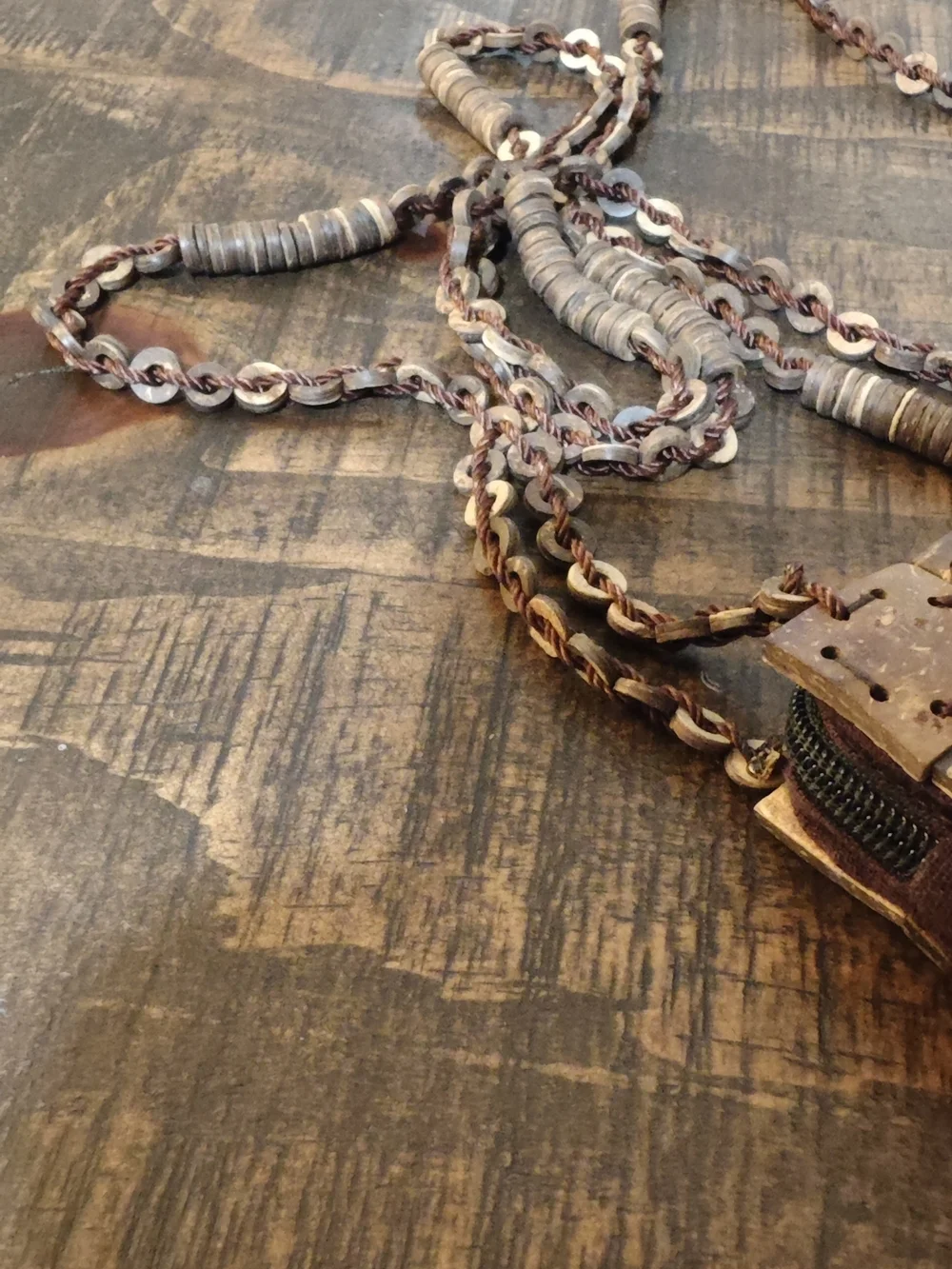 Handcrafted Thai Coconut Shell Cross-Stitch Shoulder Bag in Brown-Tone